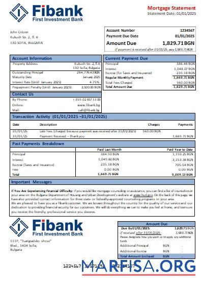 Downloadable Bulgaria Fibank bank mortgage statement scr example